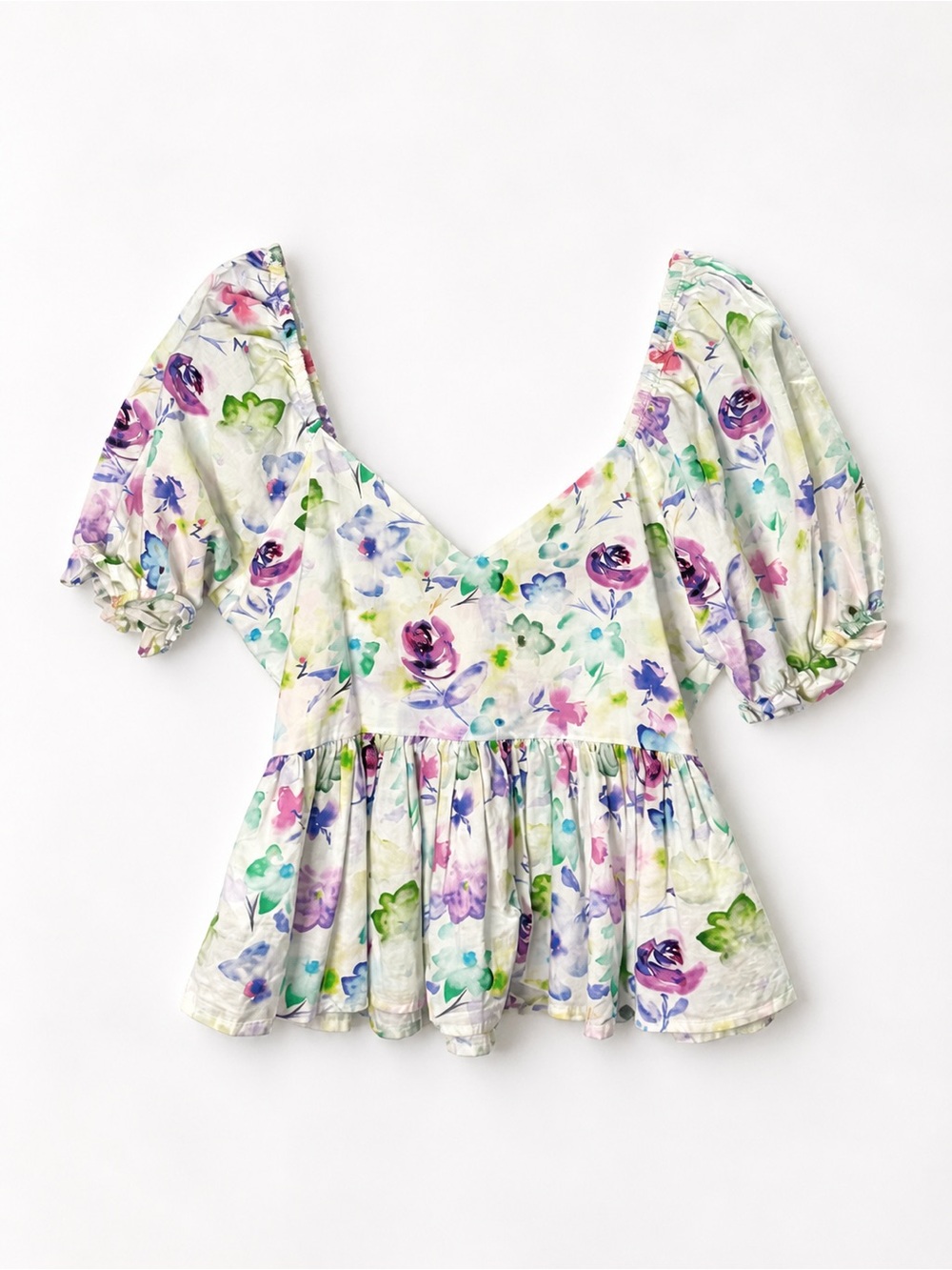 Urban Outfitters Floral Puff-Sleeve V-Neck Peplum Top - Picture 2 of 2